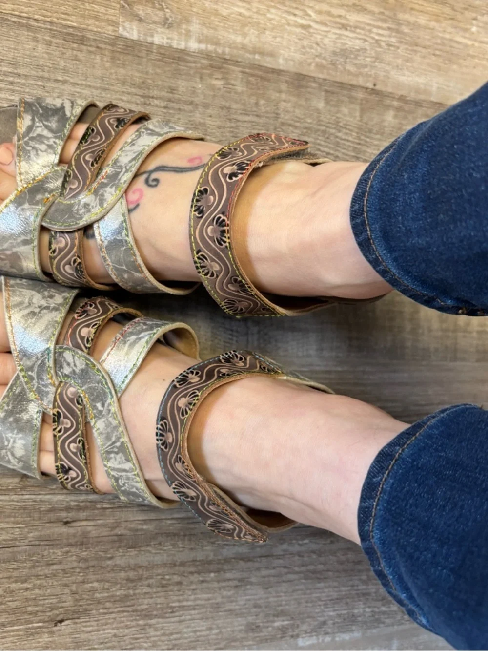Spring Step L’Artiste Pinriyo Grey Multi Wedge Slide Sandal Silver Snake